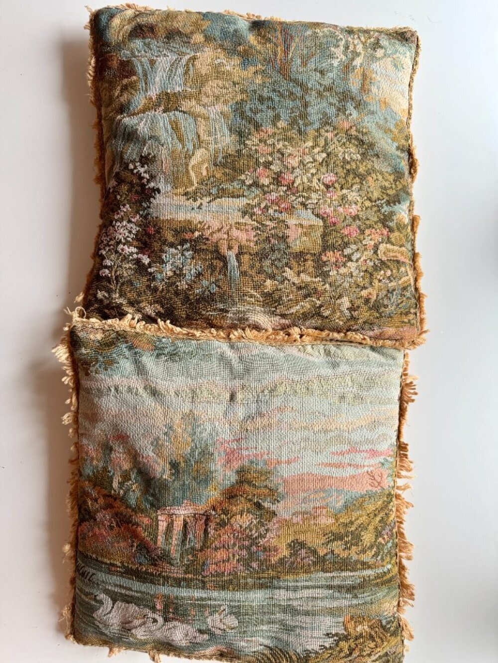 Vintage Replica Victorian Pastoral Landscape Tapestry Fringed Throw Pillows